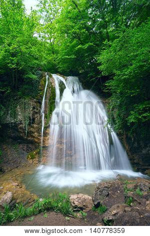 Dzhur-Dzhur waterfall on the river East Ulu-Uzen in the gorge haphal, Crimea, Russia.