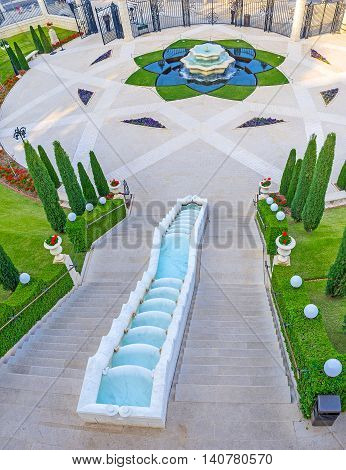 The Bahai Garden includes many staircases and terraces because it occupies the Carmel Mount Haifa Israel.