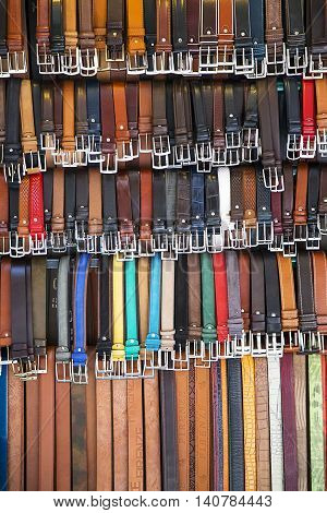 Close up view at collection of colorful belts