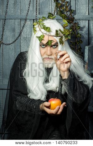 Zeus god man or jupiter with enchanted apple and vine crown on long hair with beard