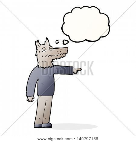 cartoon wolf man pointing with thought bubble