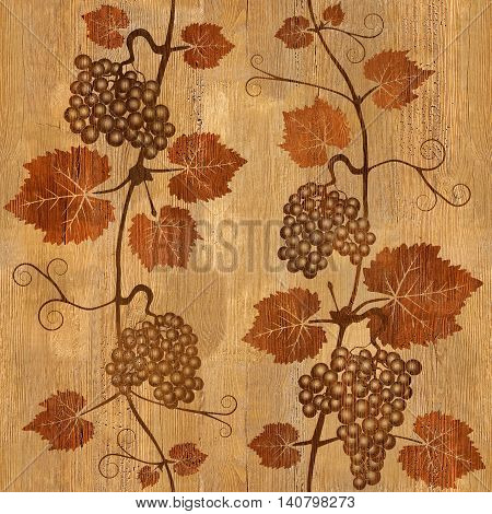 Decorative grape leaves - grape wine background - seamless background - Interior Design wallpaper - wall panel pattern - wood texture