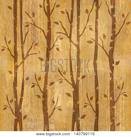 Abstract decorative trees - seamless background - wooden surface