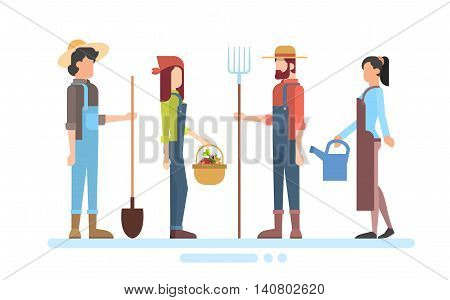 Group Of Farmers Hold Farming Equipment Country Man And Woman Flat Vector Illustration