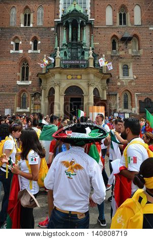 Krakow Poland - JUL 27 2016: World youth day 2016.International Catholic youth Convention. Young people on Main Square in Krakow.