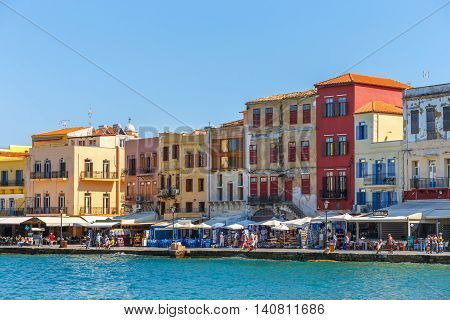Chania, Crete - 25 Maj, 2016: View Of The Old Port In Chania, Greece. Chania Is The Second Largest C
