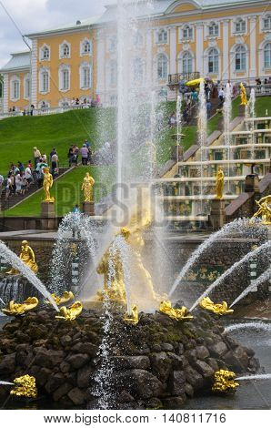 PETERHOF- JULY 07: Samson fountain of the Grand Cascade on July 07 2013 Saint-Petersburg Russia. The park ensemble of Peterhof belongs to the world heritage of UNESCO