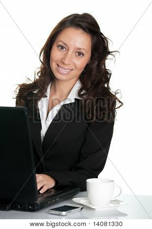 Hermosa empresaria trabajando en portátil