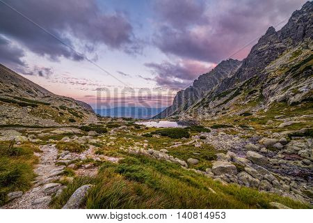 Mountain Landscape with a Tarn in the Evening. Mlynicka Valley High Tatra Slovakia.