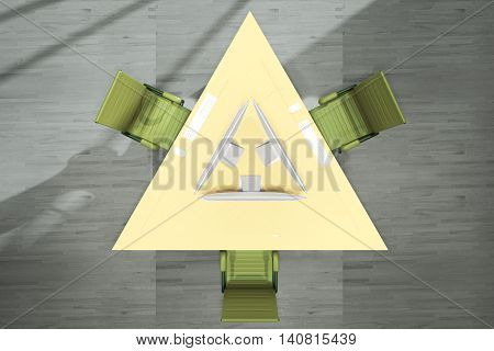 Top view of abstract yellow triangular office table with three computer monitors and green swivel-chairs on grey wooden floor background. 3D Rendering