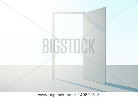 Abstract open door on tile floor and bright white background. Success concept. 3D Rendering