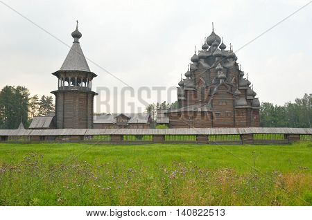 The complex Manor Bogoslovka in the style of Russian wooden architecture in the Nevsky Forest Park near St. Petersburg Russia.