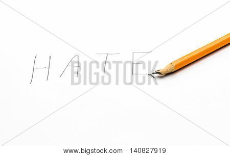 A handwritten note with the word hate on it showing frustration with a broken pencil