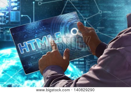 Internet. Business. Technology Concept.businessman Presses A Button Html5 On The Virtual Screen Tabl