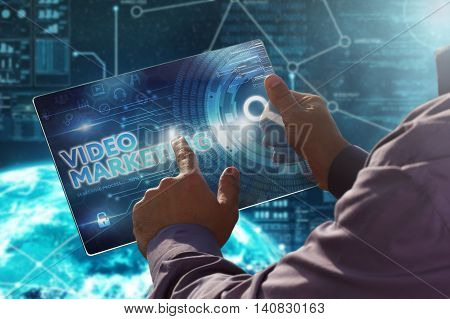 Internet. Business. Technology Concept.businessman Presses A Button Video Marketing On The Virtual S