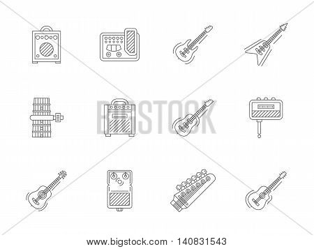 Electric and acoustic guitar parts and hardware. Musical equipment for studio. Flat line style vector icons collection.