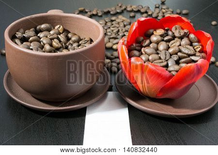 coffee beans in the bud red flower, paper with your signature.