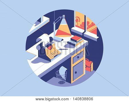 Writing space flat with vintage typewriter and office table. Vector illustration