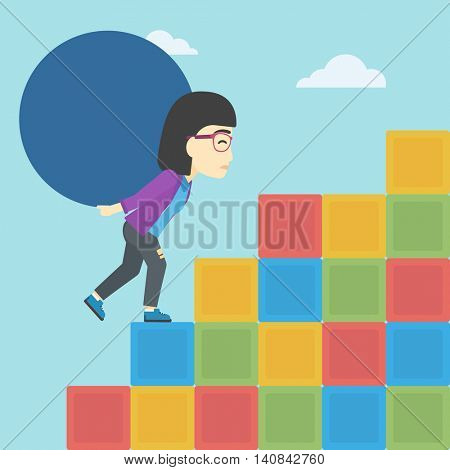 An asian woman rising up on the colored cubes and carrying a big stone on her back. Woman with huge concrete ball going up. Vector flat design illustration. Square layout.