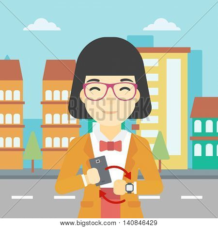 An asian young woman holding a smartphone looking at her smart watch. Concept of synchronization between smartwatch and smartphone. Vector flat design illustration. Square layout.