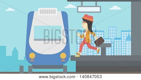 An asian latecomer woman running along the platform to reach the train. Young woman with briefcase at the train station. Vector flat design illustration. Horizontal  layout.