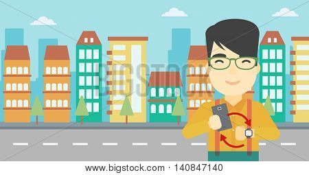 An asian young man holding smartphone and looking at his smart watch. Concept of synchronization between smartwatch and smartphone. Vector flat design illustration. Horizontal layout.