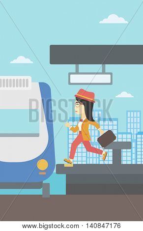 An asian latecomer woman running along the platform to reach the train. Young woman with briefcase at the train station. Vector flat design illustration. Vertical layout.