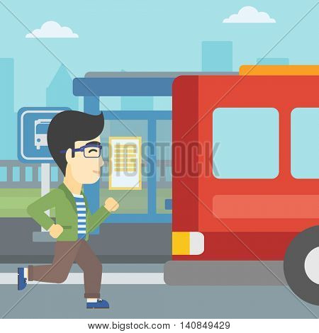 An asian latecomer man running along the sidewalk to reach a bus. Young man came too late at bus stop. Man chasing a bus. Vector flat design illustration. Square layout.