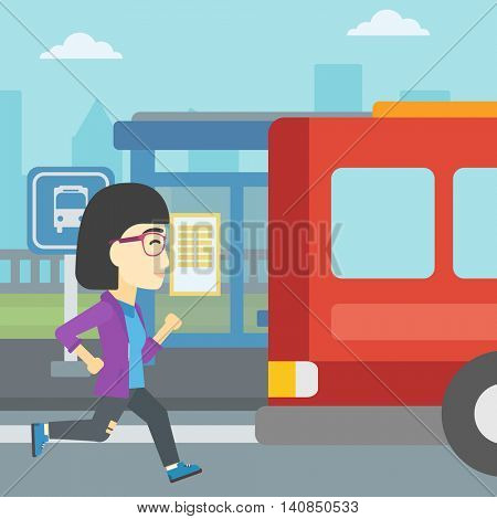 An asian latecomer woman running along the sidewalk to reach a bus. Young woman came too late at bus stop. Woman chasing a bus. Vector flat design illustration. Square layout.