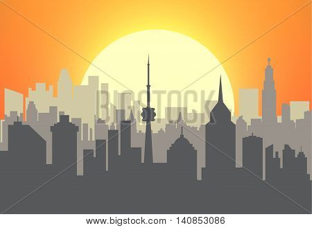 City skyline silhouette at sunset. skyscappers, towers, office and residental buildings. vector illustration