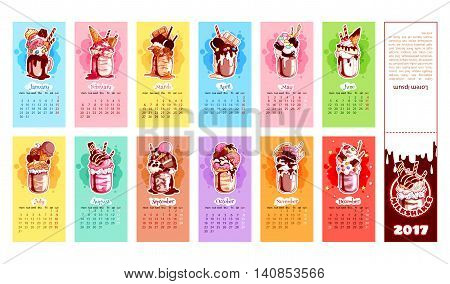 Calendar for 2017 year with milkshakes. Week Starts Monday. Delicious cartoon sweets. Vector calendar template for kids.