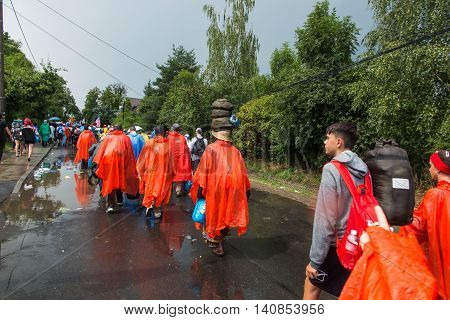 KRAKOW POLAND - JUL 31 2016: Unidentified participants of World Youth Day and International Catholic youth Convention July 25-31. This year festival was visited by Pope Francis.