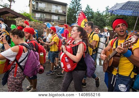 KRAKOW POLAND - JUL 31 2016: Unidentified participants of World Youth Day and International Catholic youth Convention July 25-31. This year festival was visited by Pope Francis.
