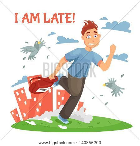 Late teenager running to school and disturbing the birds at urban landscape background cartoon vector illustration