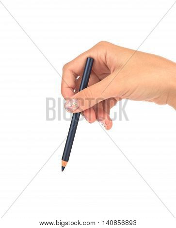 Eyebrow cosmetic Pencil in a female hand isolated on white background.