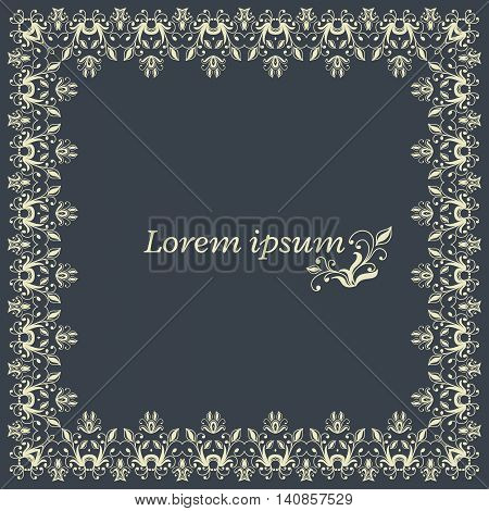 Floral square frame. Foral decoration with swirl elements vintage style. Greeting invitation wedding card template grey and white colors. Vector illustration