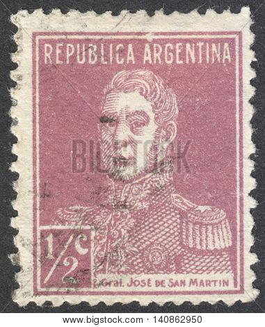 MOSCOW RUSSIA - CIRCA APRIL 2016: a post stamp printed in ARGENTINA shows a portrait of General San Martin the series 