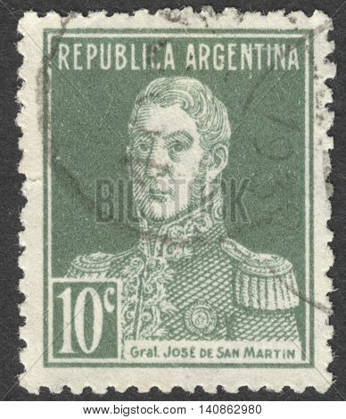 MOSCOW RUSSIA - CIRCA APRIL 2016: a post stamp printed in ARGENTINA shows a portrait of General San Martin the series 