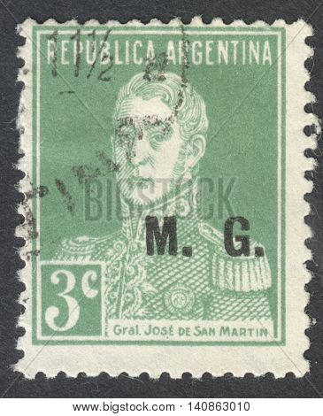 MOSCOW RUSSIA - CIRCA APRIL 2016: a post stamp printed in ARGENTINA shows a portrait of General San Martin the series 