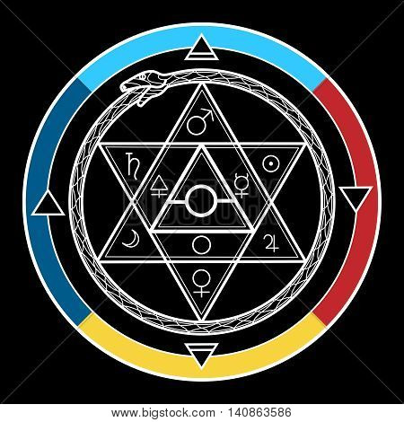 Alchemy symbol. Mystical astrological sign with star of David and uroboros vector