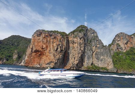 Thailand Phuket 14 DEC 2013 view from the maya beach at phi phi leh island thailand