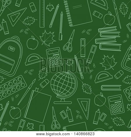 Seamless school pattern on green chalkboard. Vector stock illustration.