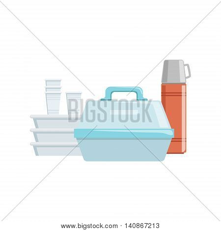 Plastic Containers And Water Thermos Camping Equipment Simple Childish Flat Colorful Illustration On White Background