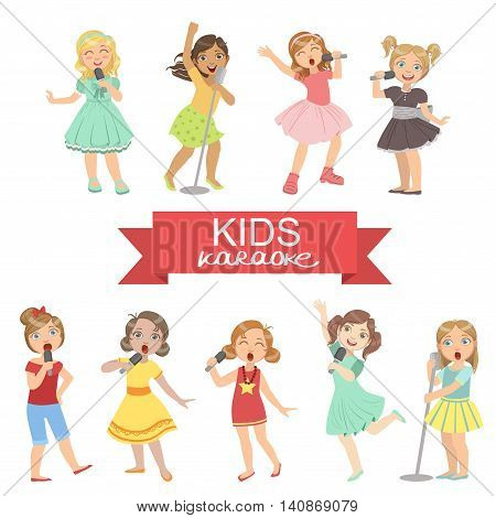 Young Girls Singing In Karaoke Bright Color Cartoon Simple Style Flat Vector Set Of Stickers Isolated On White Background
