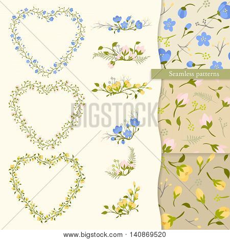 Vector set vintage floral elements - hearts, corners, bouquets and seamless patterns with flowers. For design wedding card and invitation.