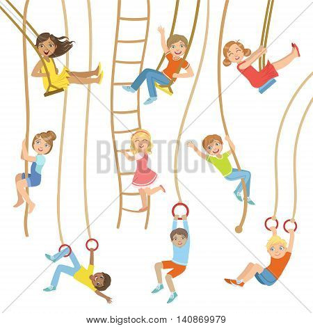 Kids On Swings And Other Rope Sports Equipment Set Of Simple Design Illustrations In Cute Fun Cartoon Style Isolated On White Background
