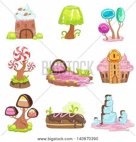 Fairy-tale Landscape Elements Made Of Sweets And Pastry. Bright Color Girly Design Landscaping Objects Set Of Flat Vector Icons.