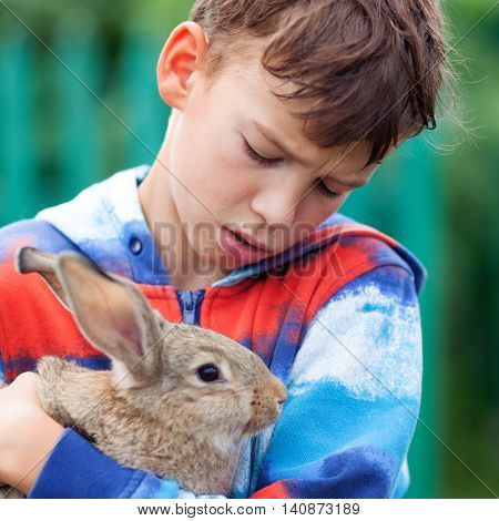 Portrait Of Boy, He Is Holding Rabbit