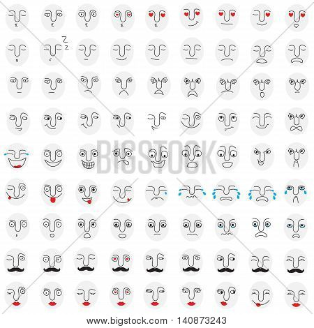 Face emoji set. All kinds of emoji like happiness, sadness, anger and other emotions. For avatar, stickers and more.