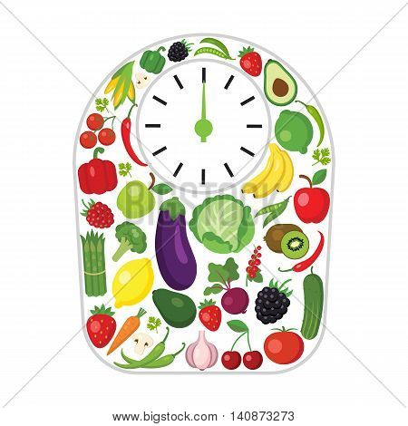 Weights made of vegetables and fruits. Concept of dieting, weight loss and finding balance. All kinds of fresh fruits and vegetables.